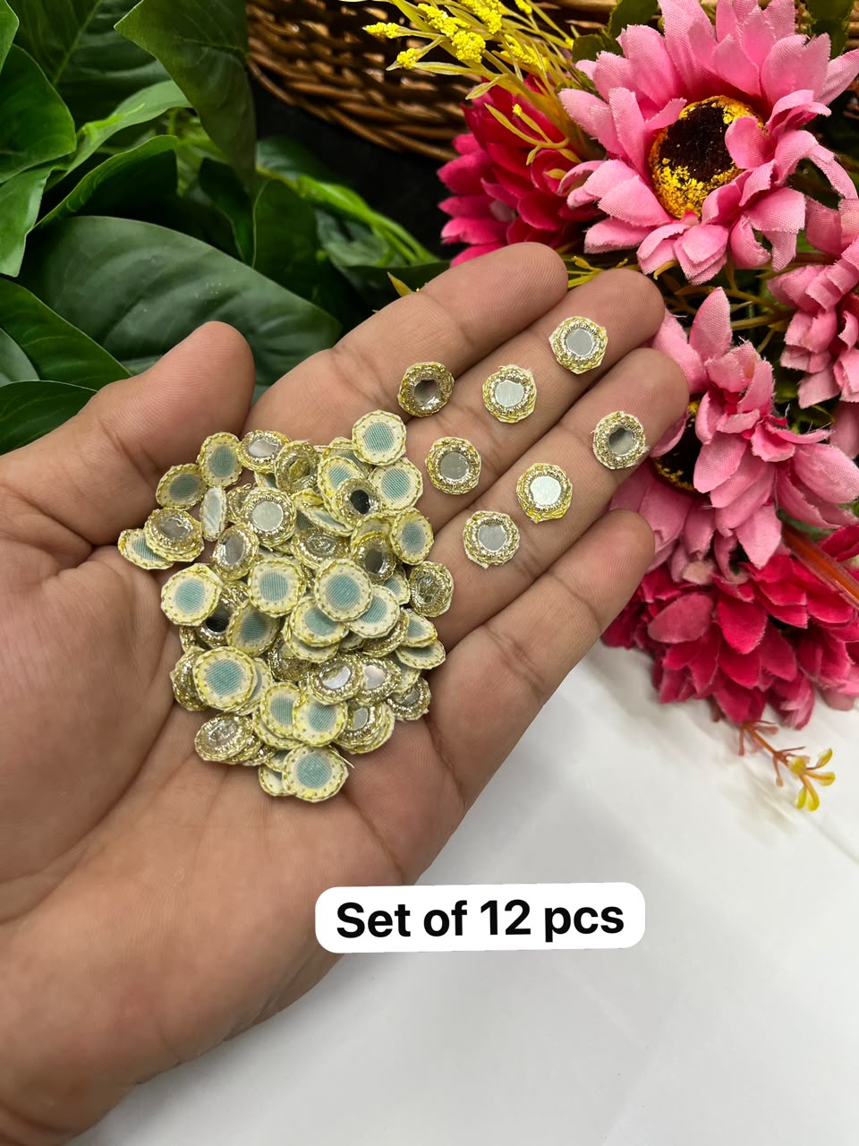 Handcrafted Zardozi Mirror Work Round Patches for Sarees, Dupattas, Lehengas & Blouses – Decorative Appliqué Set of 12 | DC1021 | Golden