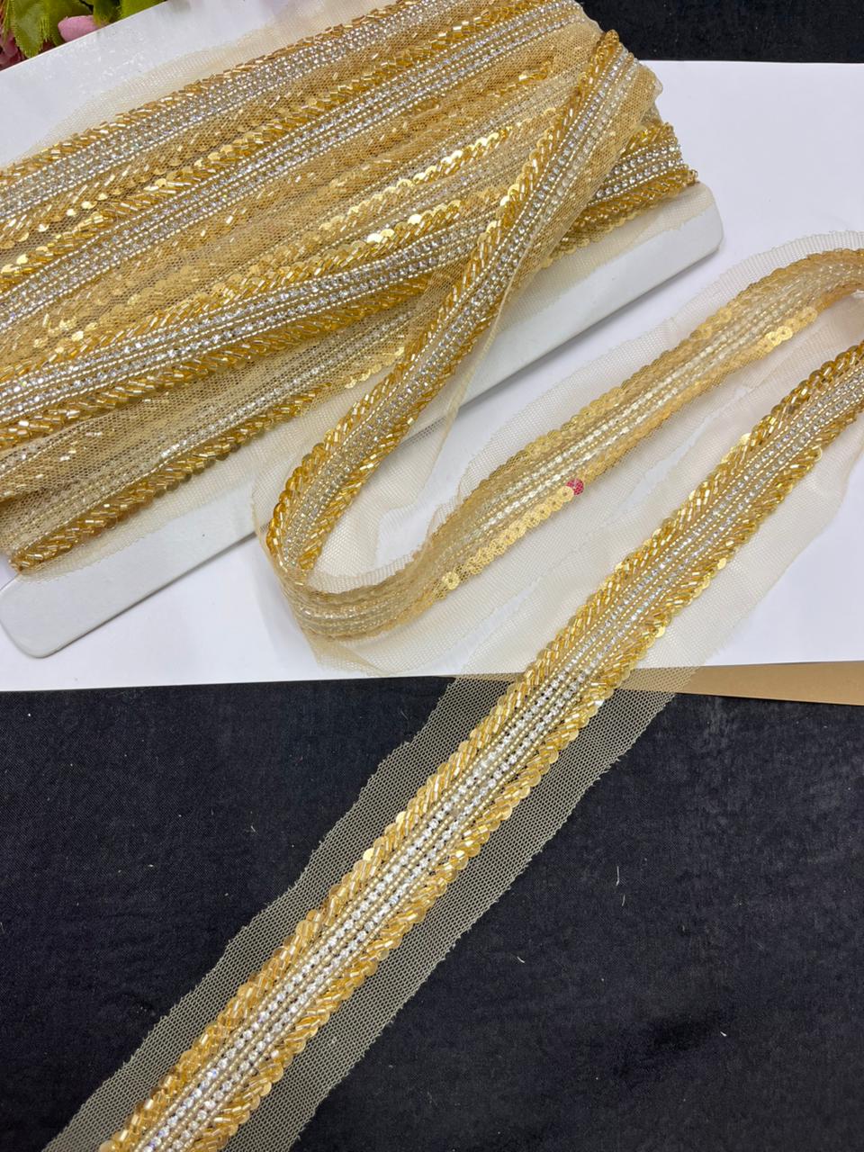 Handmade Sequins Diamond Lace on Net Fabric for Sarees, Kurtis & Dresses – Designer Embroidered Lace Border (1.5 Inch) | Golden
