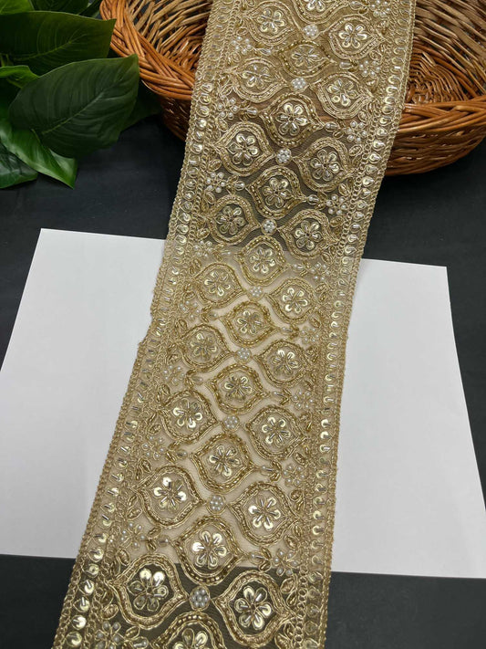 Katdana & Bead Work Embroidered Bridal Lehenga Lace Trim – 9 Meters, 5-Inch Heavy Border for Sarees & Wedding Outfits | Golden