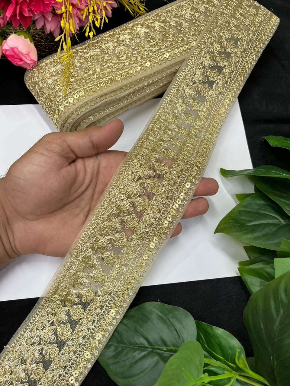 Golden Zari Embroidered Lace for Sarees, Lehengas & Dupattas – Premium Designer Embroidered Lace Border for Boutique Owners & Fashion Designers (3 Inch) | Golden