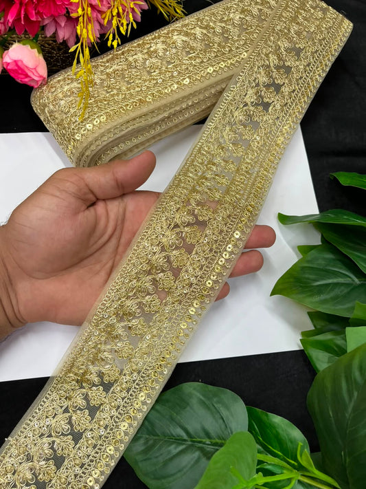 Golden Zari Embroidered Lace for Sarees, Lehengas & Dupattas – Premium Designer Embroidered Lace Border for Boutique Owners & Fashion Designers (3 Inch) | Golden