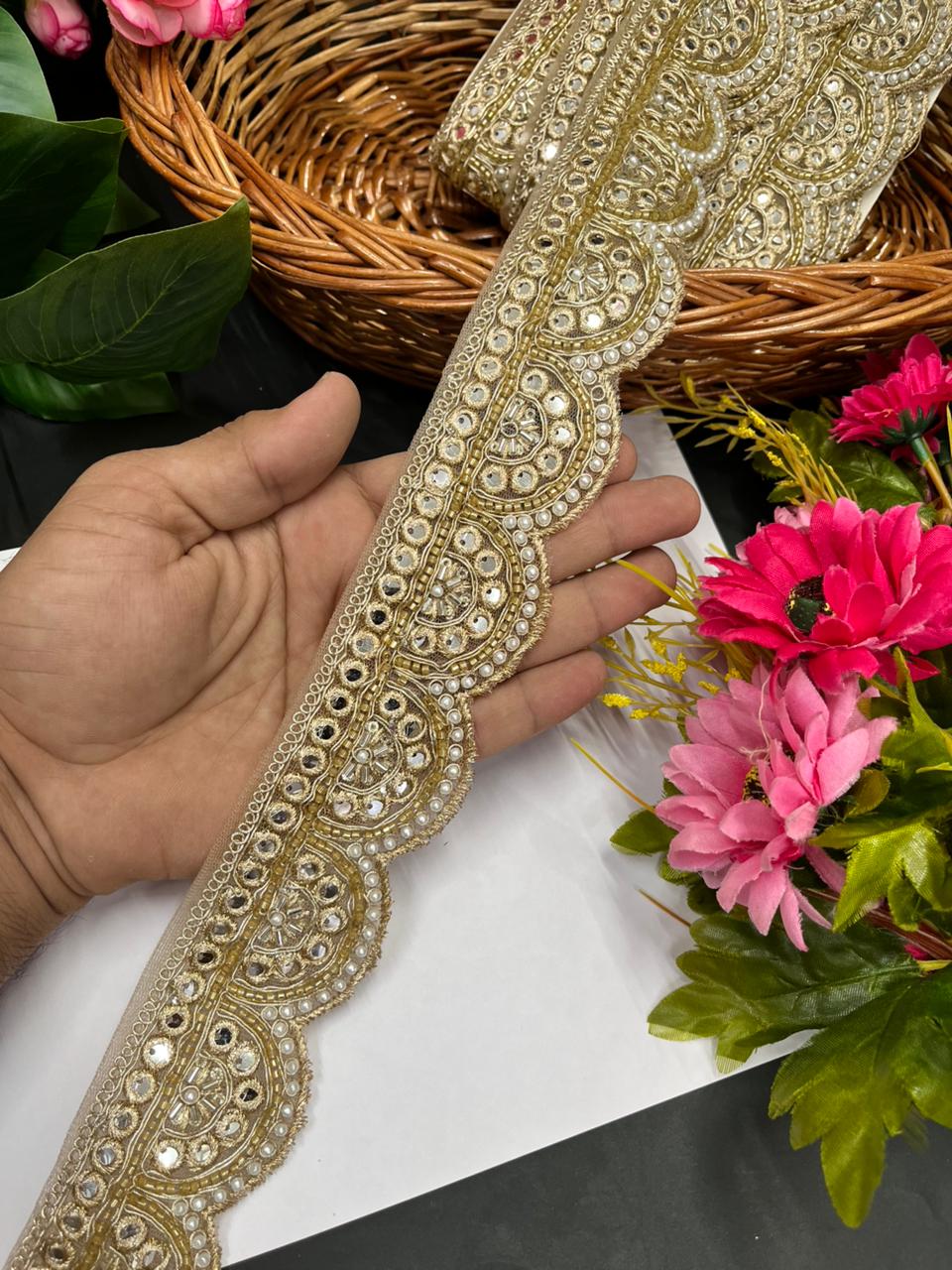 Mirror Cutdana Work Saree Lace – Premium Golden Embroidery Lace Border for Ethnic Wear | Gold