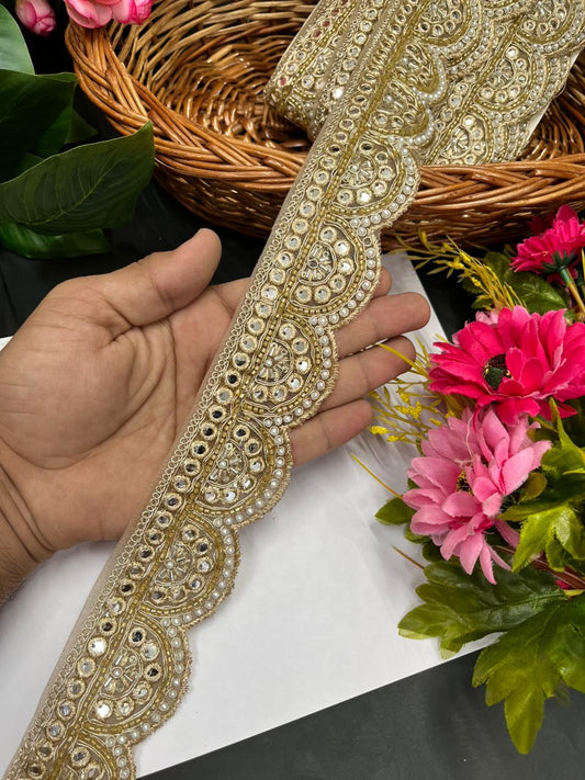 Mirror Cutdana Work Saree Lace – Premium Golden Embroidery Lace Border for Ethnic Wear | Gold