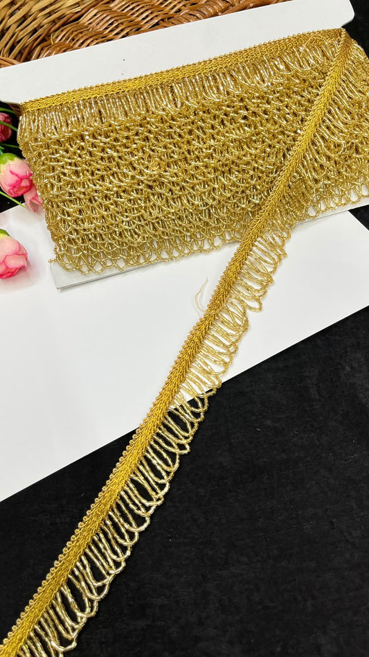 Handmade Cutdana Latkan Lace for Sarees, Lehengas, Dupattas & Blouses – Designer Handcrafted Cutdana Hanging Lace Border (1 Inch) | DC1067 | Golden
