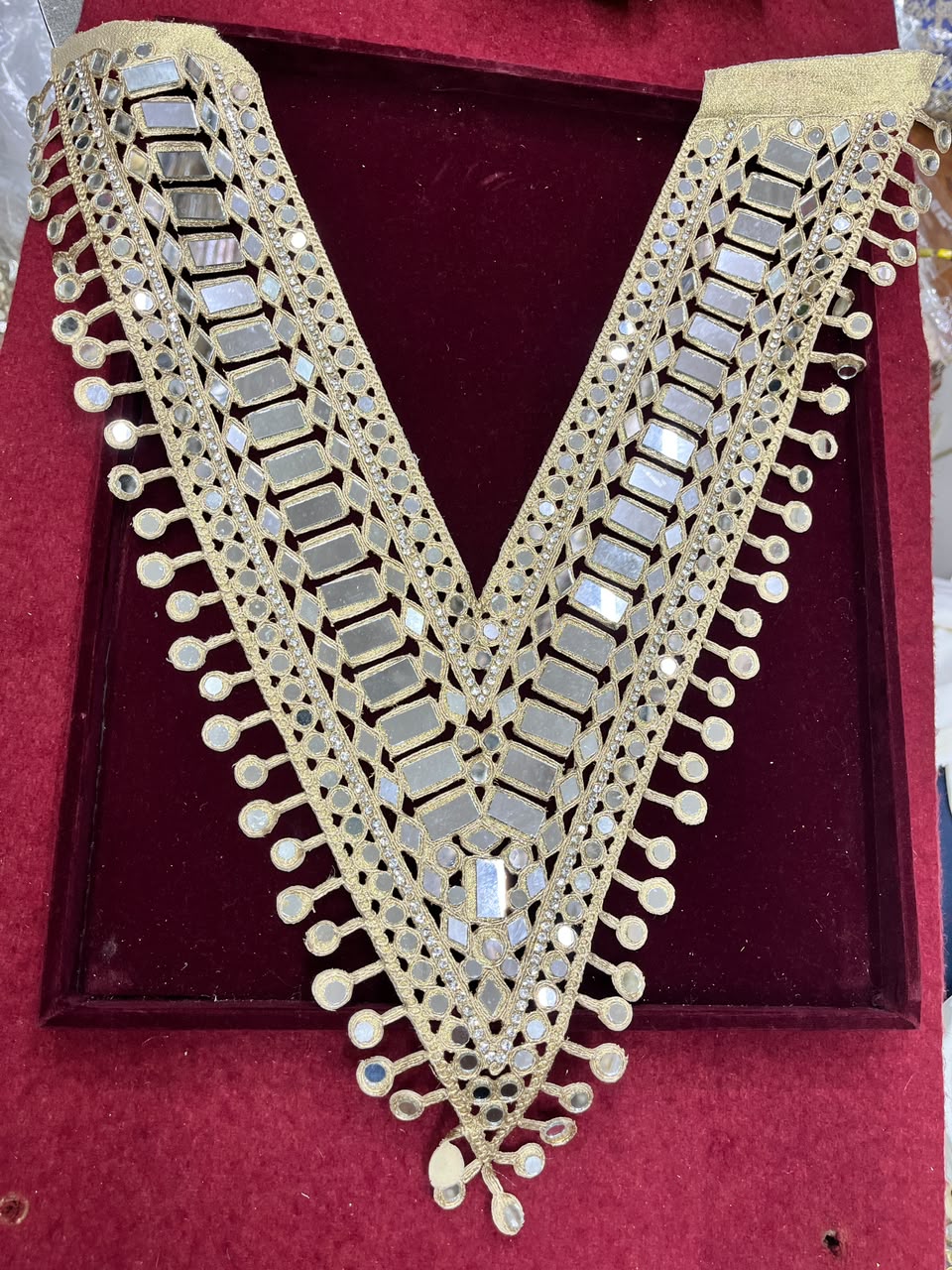 Real Mirror Work Neck Patch for Kurtis, Dresses & Blouses – Designer Handcrafted Mirror Neckline Applique | DC1002 | Golden
