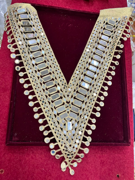 Real Mirror Work Neck Patch for Kurtis, Dresses & Blouses – Designer Handcrafted Mirror Neckline Applique | DC1002 | Golden