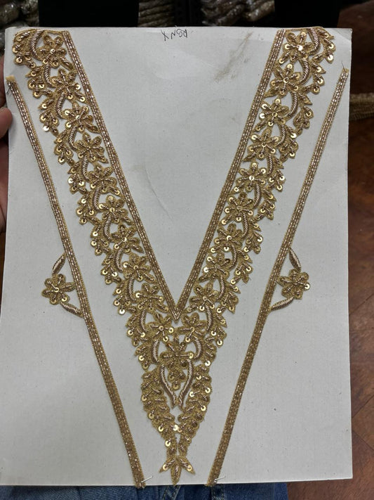 Handwork Zardozi Neck Patch With Sleeves – Premium Designer Embellished Neckline for Kurtis, Blouses, Suits & Ethnic Wear | Golden