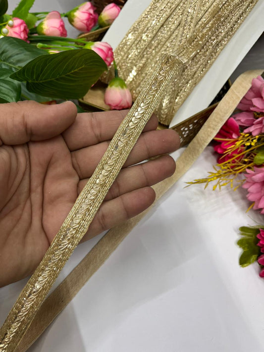 Handcrafted Zardozi Dabka Work Borders – Premium Half Inch Handmade Decorative Lace for Bridal & Ethnic Wear (9 Meter) | Golden