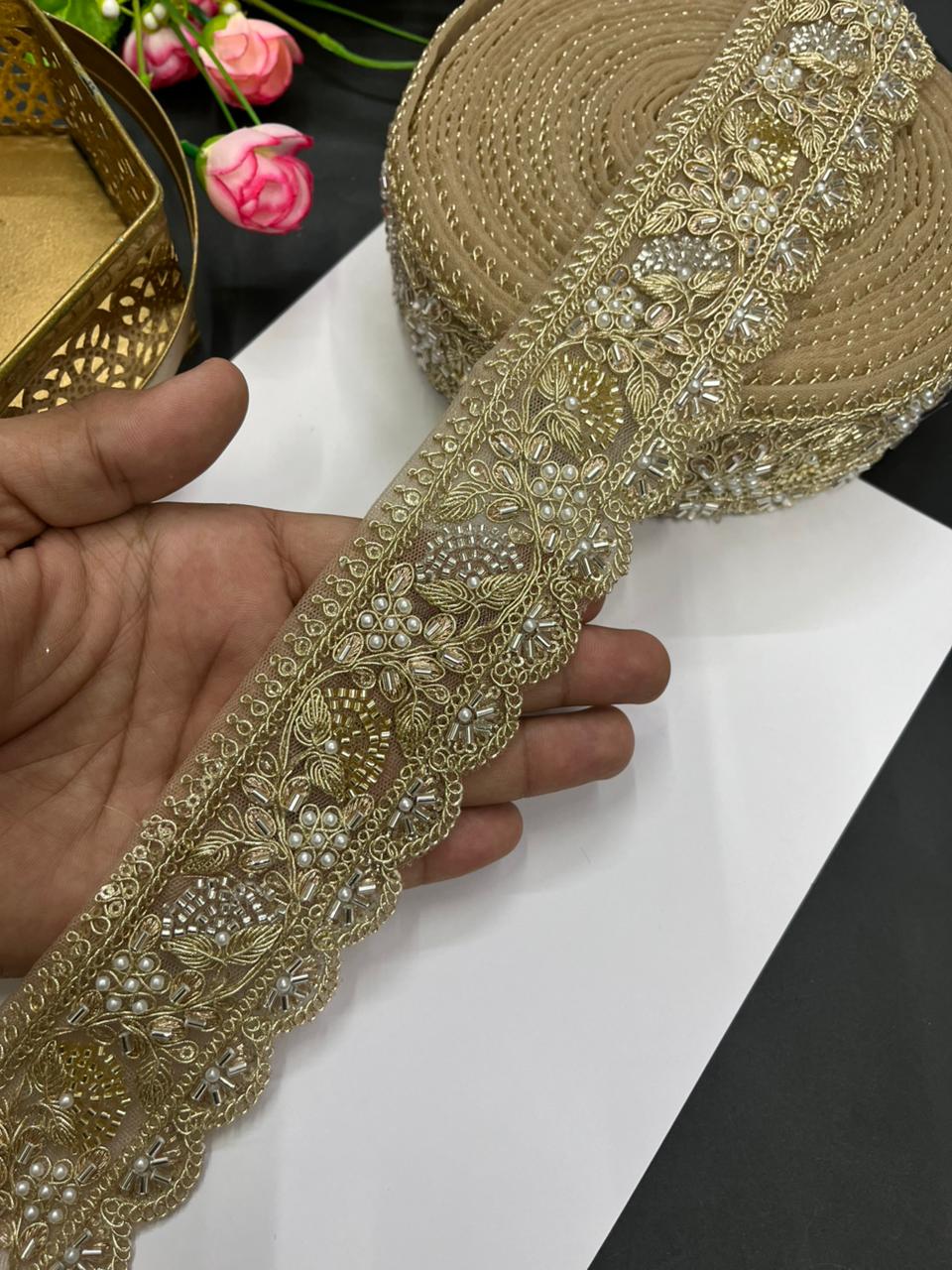 Designer Beaded Net Based Maggam Work Lace for Sarees – Premium 2 Inch Hand-Embellished Border for Lehengas & Bridal Wear (9 Meter) | Golden
