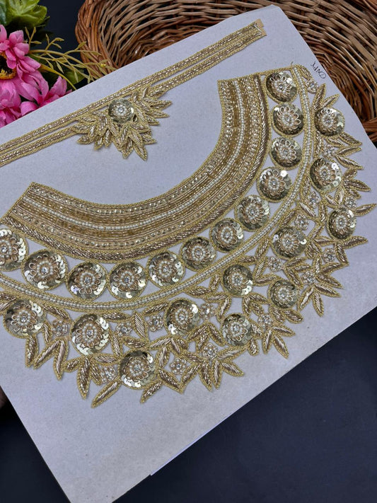 Handwork Zardozi Neck Patch With Sleeves – Luxury Embroidered Neckline for Kurtis, Blouses, Suits & Designer Ethnic Wear | Golden