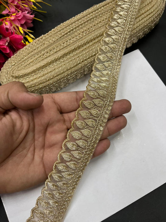 Zari Embroidered Saree Laces – Premium Designer Borders for Sarees, Lehengas & Dupattas (9 Meter, 1.5 Inch Width) | Gold on Net