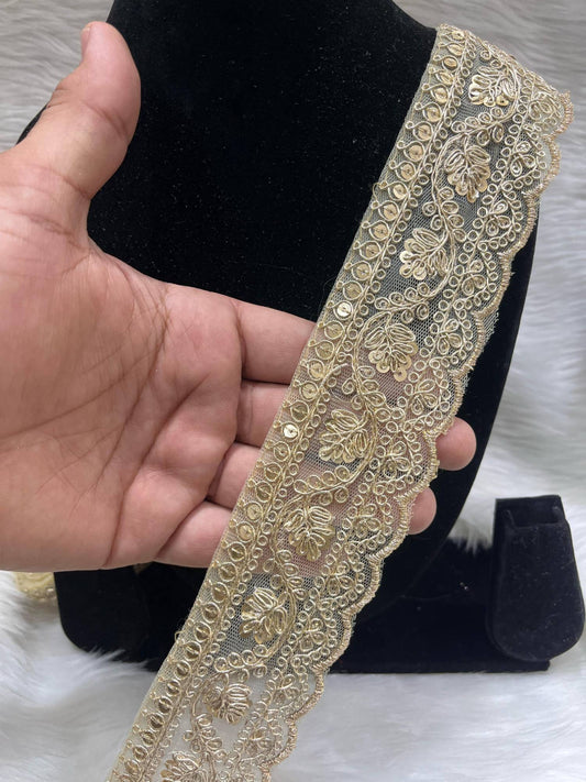 Designer Embroidery Saree Lace | Dupatta Lace | Lehenga Border – 9 Meters, 2-Inch Wide Embroidered Trim | Gold on Net