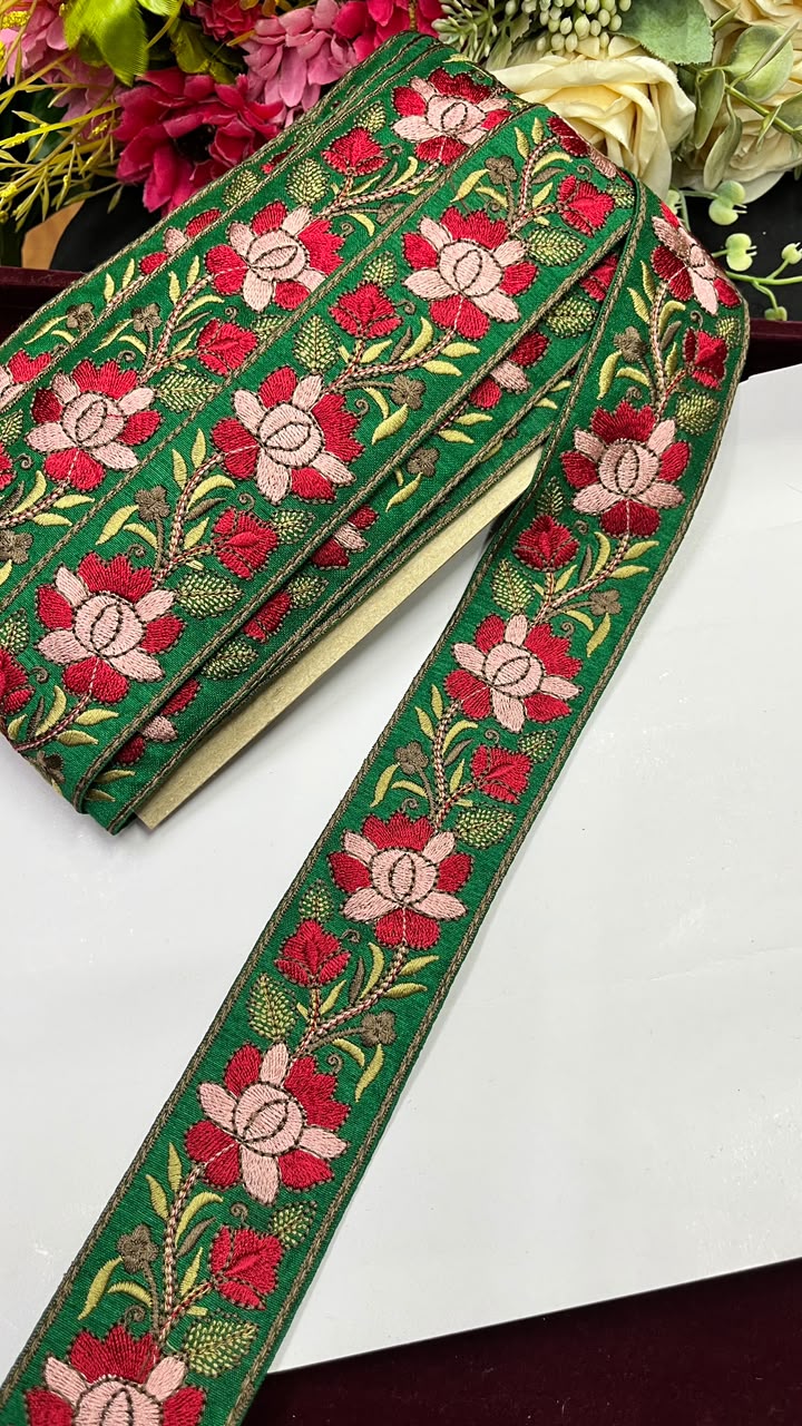 Exclusive Parsi Gara Work Lace for Sarees, Lehengas, Dupattas & Blouses – Designer Thread Embroidery Lace Border (2 Inch) | DC1071 | Green