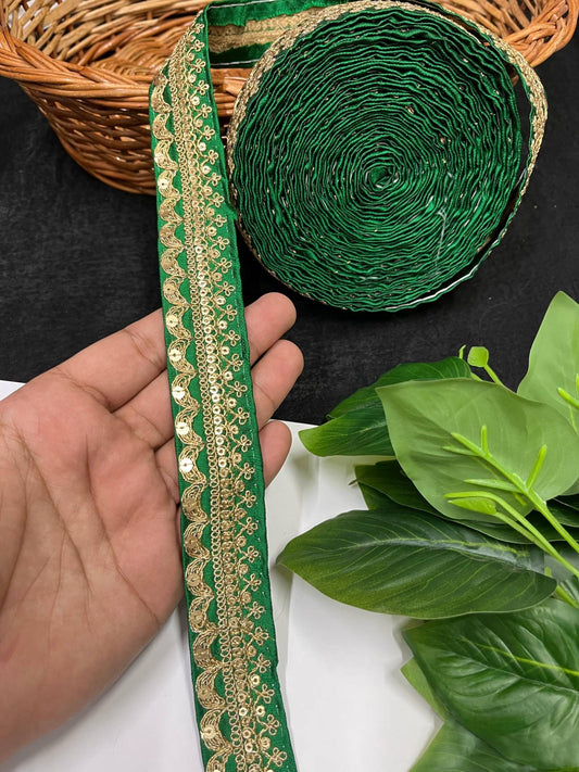 Gold Embroidered Saree Laces for Sarees, Kurtis, Dupattas, Dresses & Lehengas – 9 Meters, 1.25-Inch Decorative Border | Green