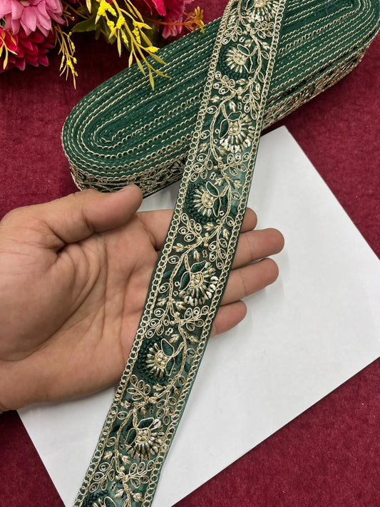 Sequins Work Zari Embroidered Laces – Premium Designer Borders for Sarees, Lehengas & Dupattas (9 Meter, 1.5 Inch Width) | Green