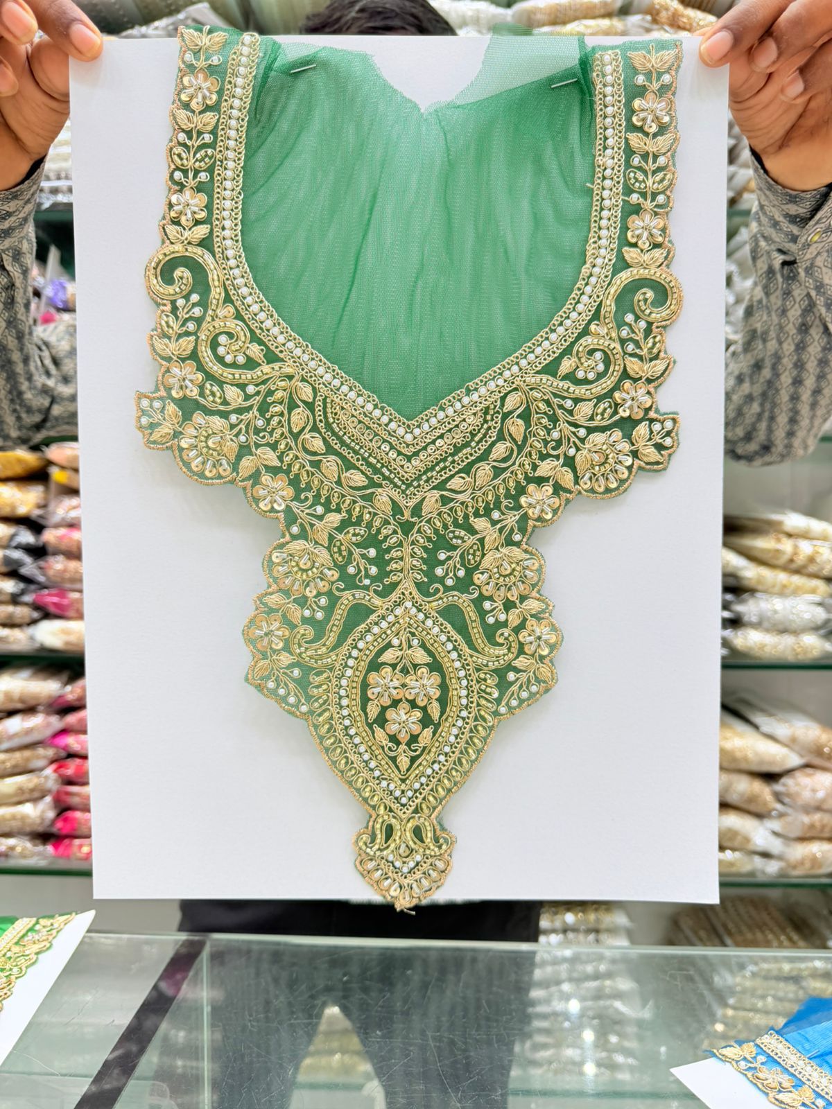 Beautiful Neck Patch for Dresses & Kurtis – Elegant Designer Embellished Neck Applique | Green