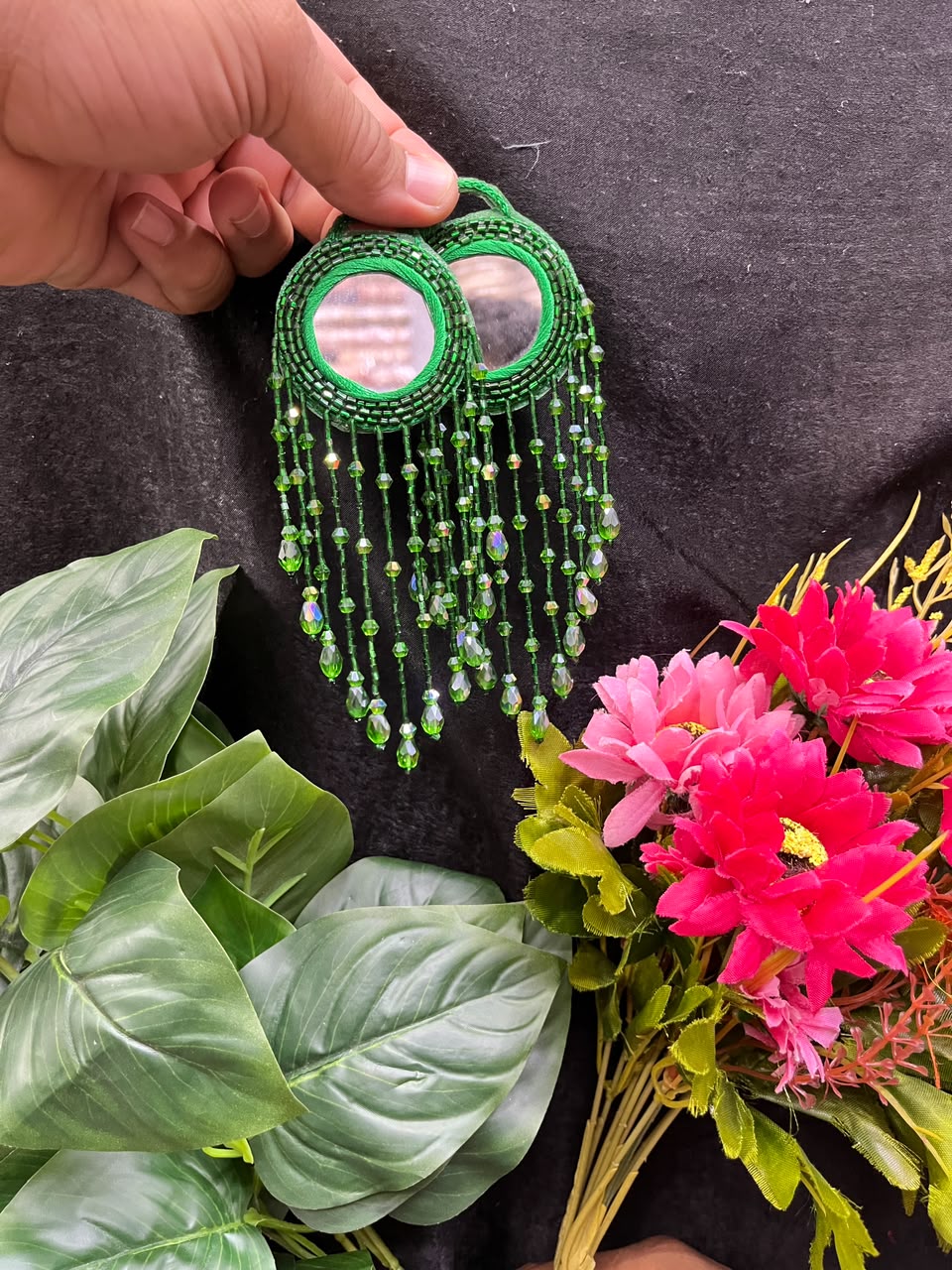 Designer Mirror Work Latkans for Blouses & Lehengas – Decorative Mirror Tassels for Ethnic Wear (6 Inch) | DC0981 | Green