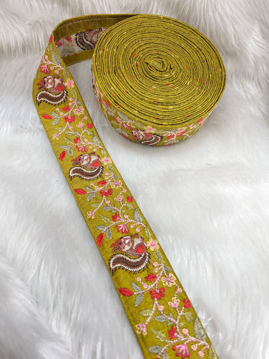 Squirrel Design Silk-Based Thread Embroidered Saree Laces Trim – 9 Meters, 1.75-Inch Decorative Border for Sarees & Dupattas | Green