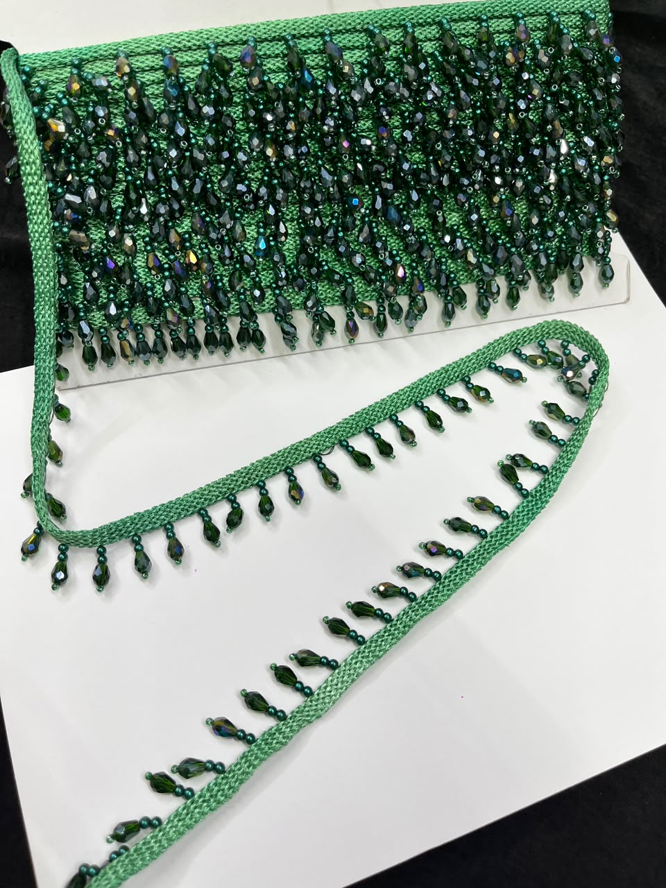 Crystal Drop Latkan Lace for Dupattas, Blouses, Sarees & Lehengas – Designer Hanging Crystal Lace Border (1 Inch) | DC1047 | Green