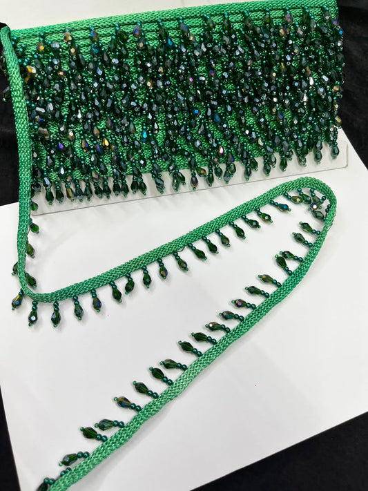 Crystal Drop Latkan Lace for Dupattas, Blouses, Sarees & Lehengas – Designer Hanging Crystal Lace Border (1 Inch) | DC1047 | Green