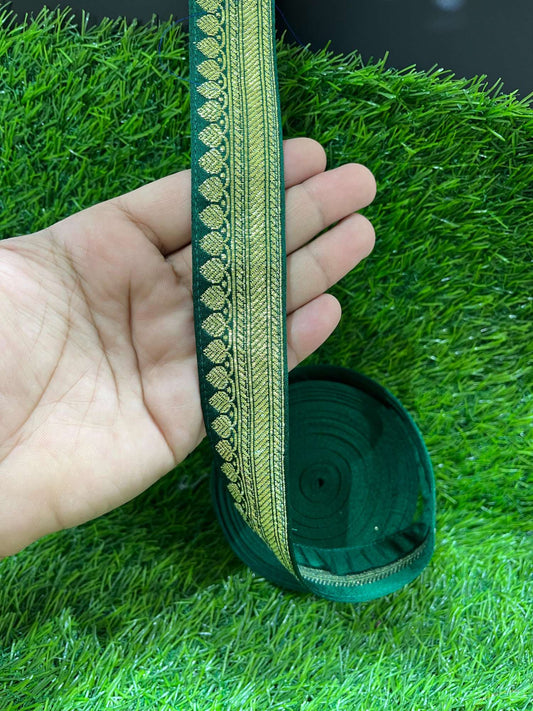 Banarasi Handloom Vintage Pure Silk Border – 9 Meters, 1-Inch Traditional Zari Lace Trim for Sarees & Lehengas | Green