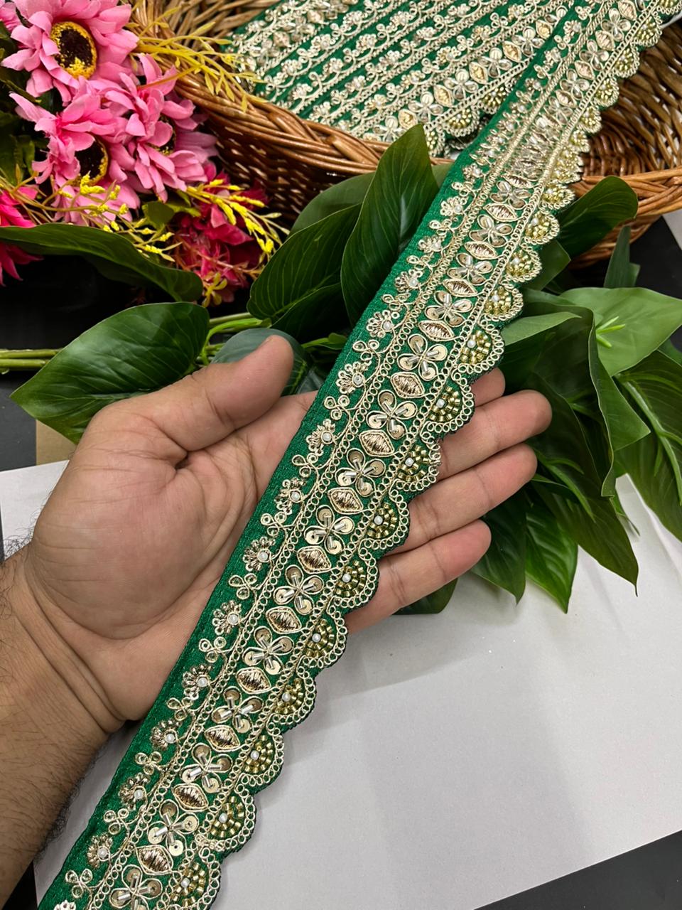 Exclusive Maggam Work Embellished Saree Lace – Designer Handcrafted Border for Sarees, Dupattas & Lehengas (9 Meter, 1.5 Inch Width) | Green