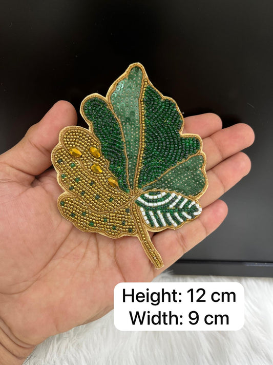 Beaded Handmade Leaf Design Patch | Decorative Embroidered Patches | Applique for Sarees, Dupattas & Ethnic Wear | Green