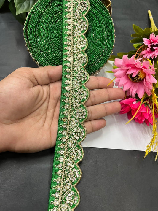 Scalloped Stonework Designer Laces – Elegant Embroidered Border Trim for Sarees, Dupattas & Lehengas (9 Meter, 1.5 Inch Width) | Green