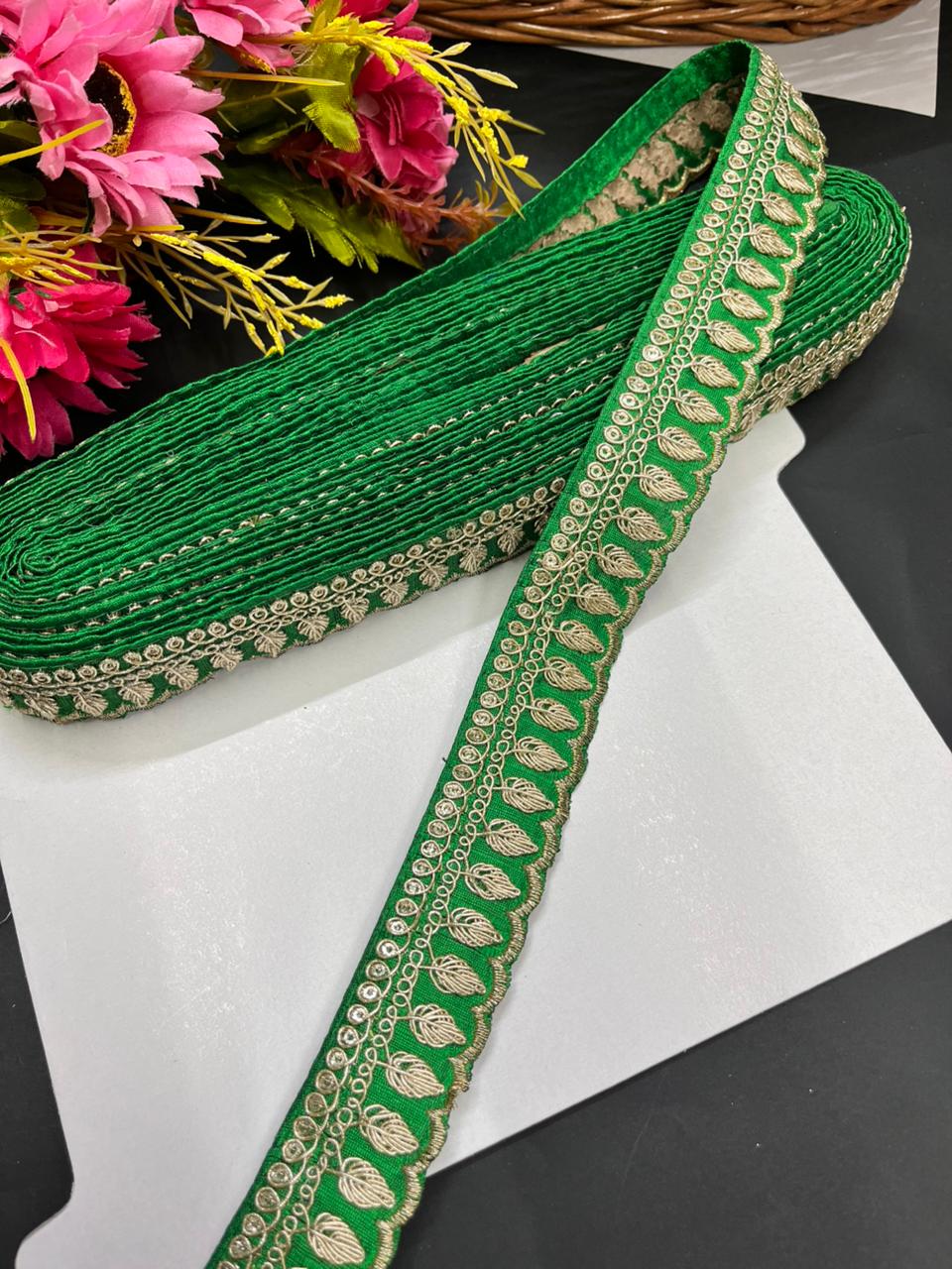 Embroidered Zari Lace Border for Saree, Lehenga & Craft Projects – Designer 1 Inch Embroidery Lace for Ethnic Wear (9 Meter) | Green