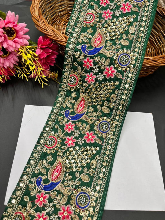 Peacock Face Bridal Lehenga Borders – Heavy Designer Embroidered Trim for Bridal Lehengas, Dupattas & Sarees (9 Meter, 5.5 Inch Width) | Green