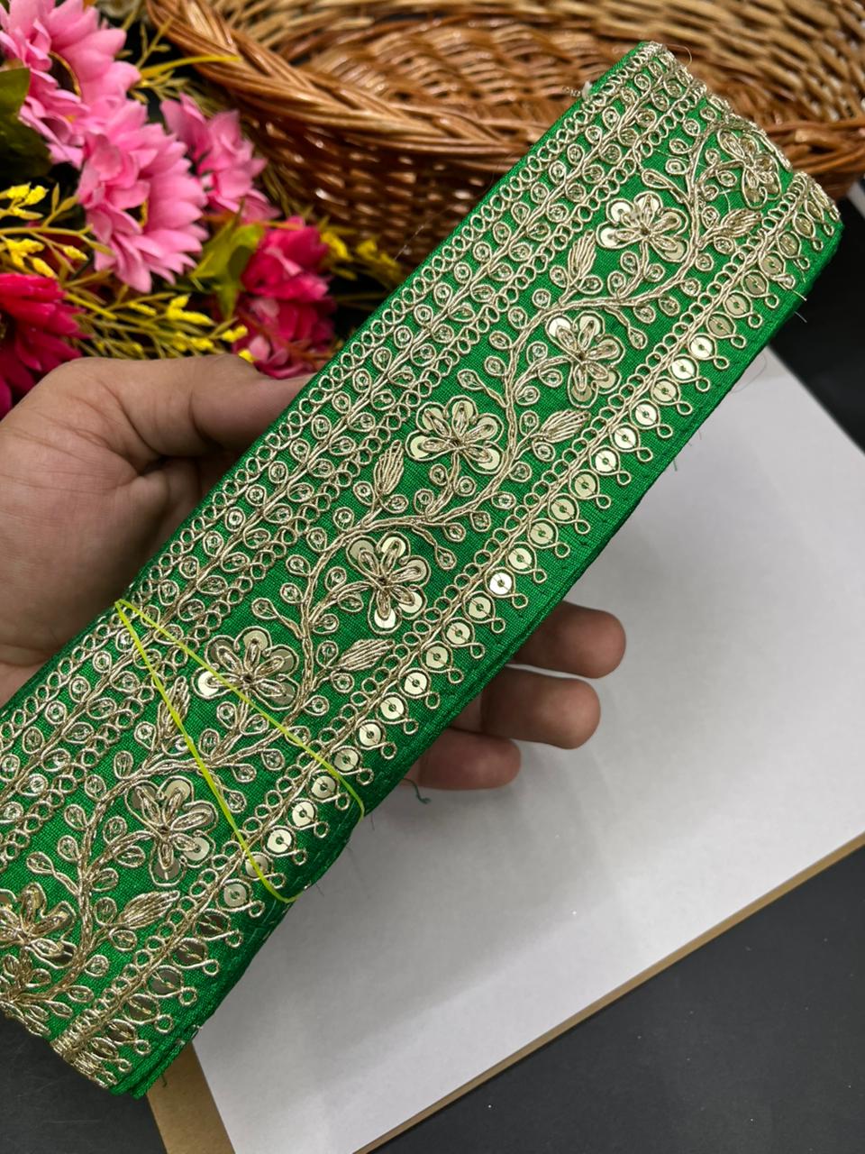 Embroidered Zari Lace Border for Saree, Lehenga & Craft Projects – Heavy 3 Inch Designer Embroidery Lace for Ethnic Wear (9 Meter) | Green