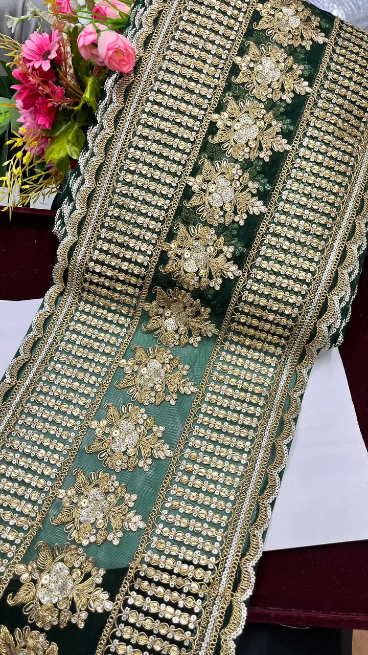 Sabyasachi Inspired Embroidered Lehenga Border Lace – Designer Bridal Saree & Lehenga Lace Trim (9 Inch) | Green
