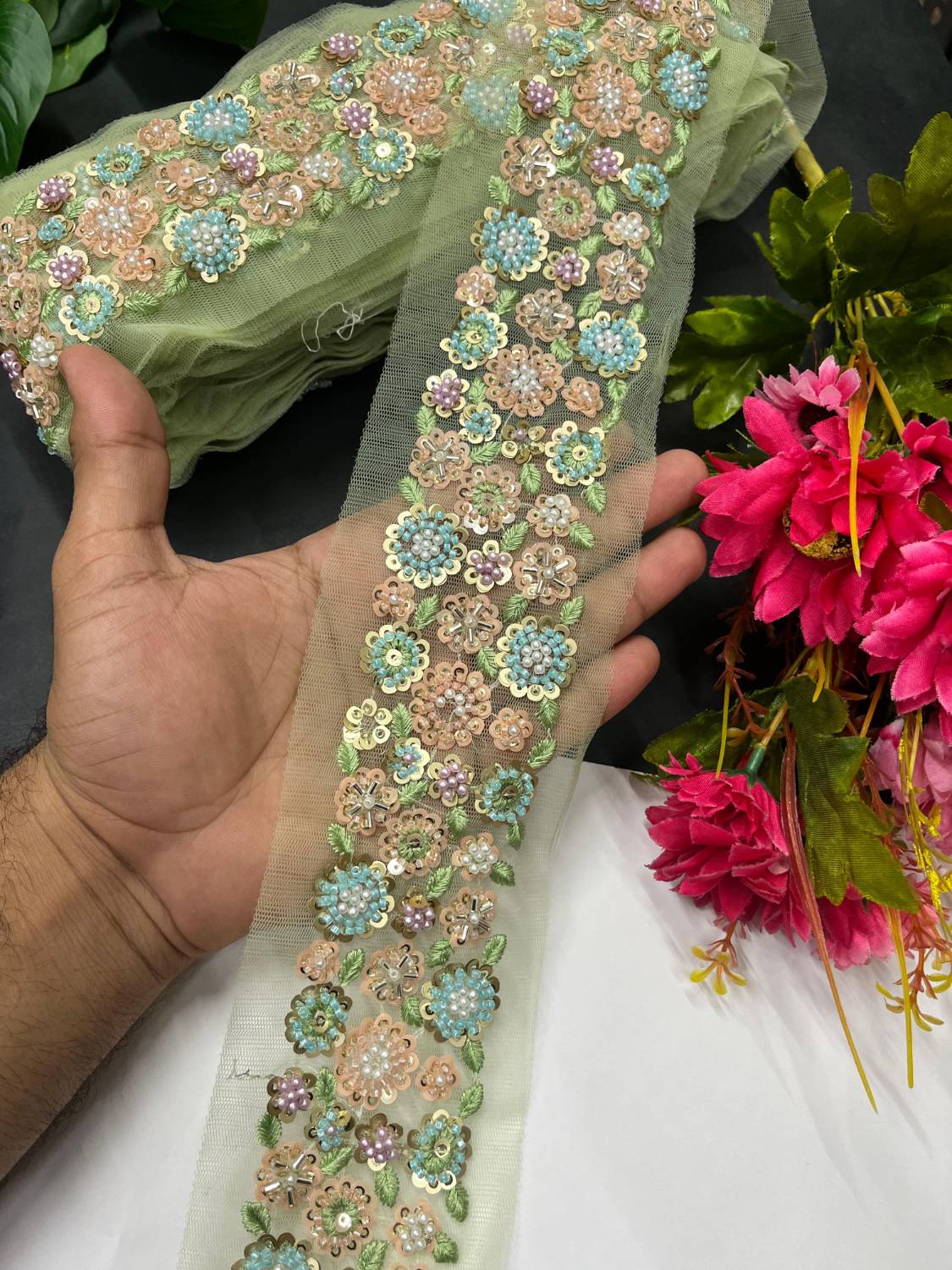 Stunning Thread Work Border with Pastel Bead Work – Designer Lace on Net Fabric (9 Meter) | Green