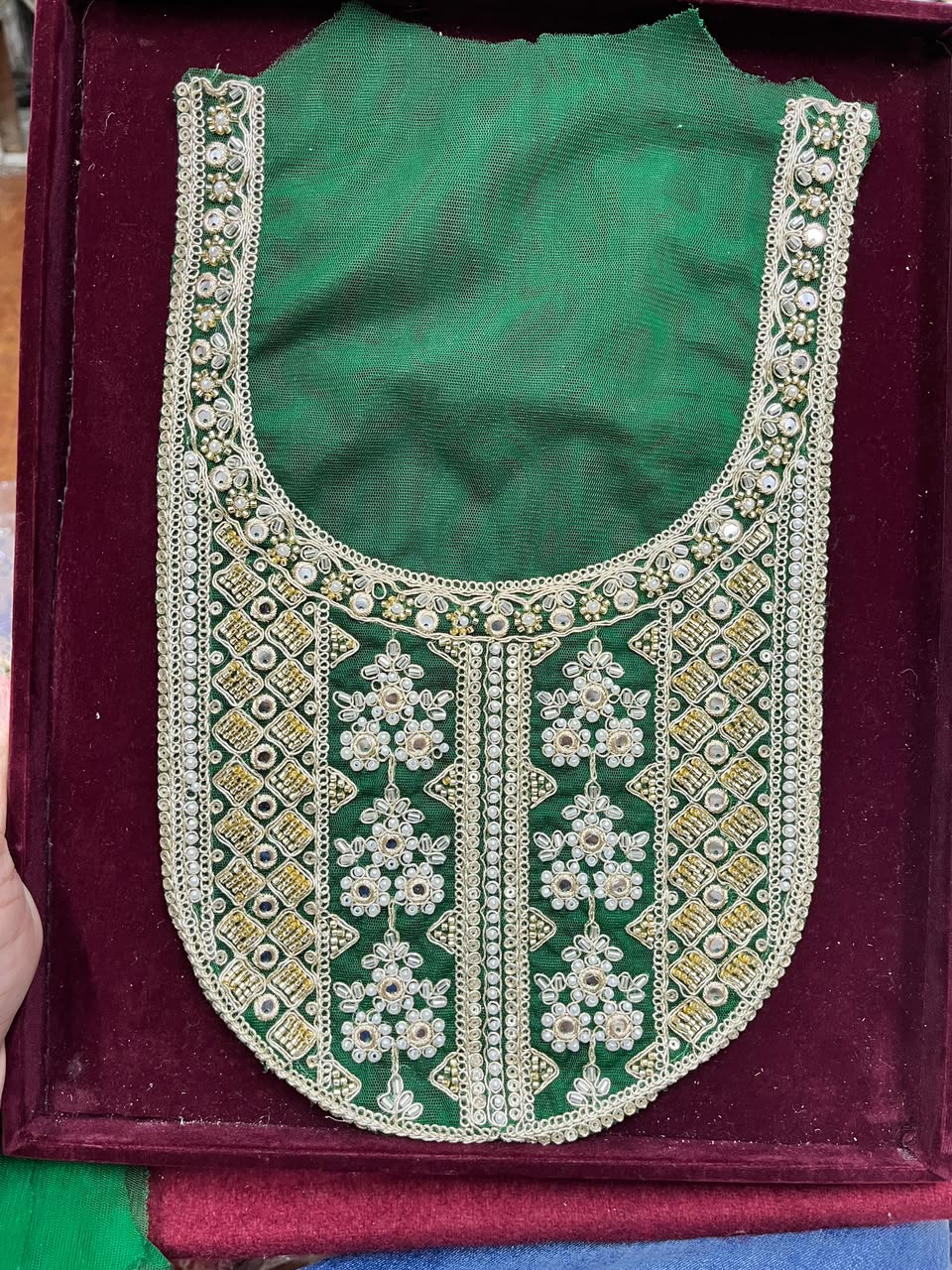 Designer Handcrafted Neck Patch for Kurtis, Dresses & Blouses – Premium Embroidered Neckline Applique | DC0983 | Green
