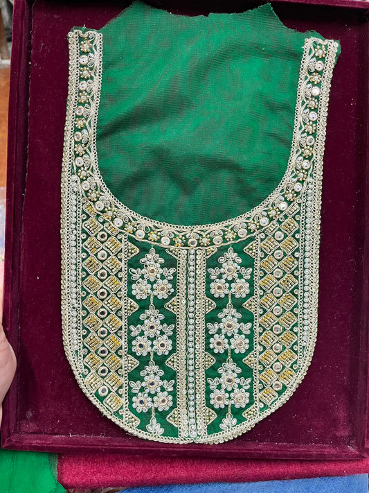 Designer Handcrafted Neck Patch for Kurtis, Dresses & Blouses – Premium Embroidered Neckline Applique | DC0983 | Green
