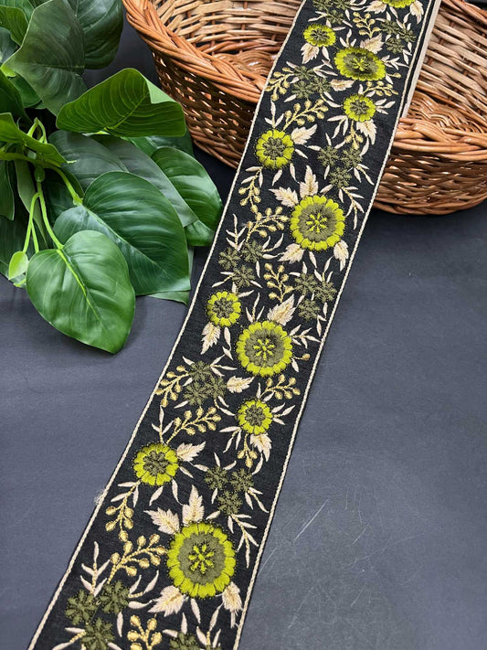 Floral Embroidered Trim | Sari Border Embellishment | Decorative Indian Embroidered Trim – 9 Meters, 3-Inch Width | Green