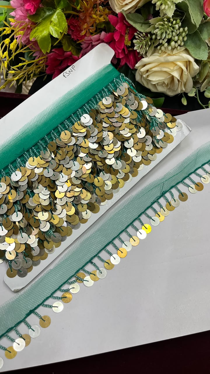 Sabyasachi Style Metal Coin Latkan Lace for Sarees, Lehengas, Dupattas & Blouses – Designer Hanging Coin Lace Border (1 Inch) | DC1070 | Green