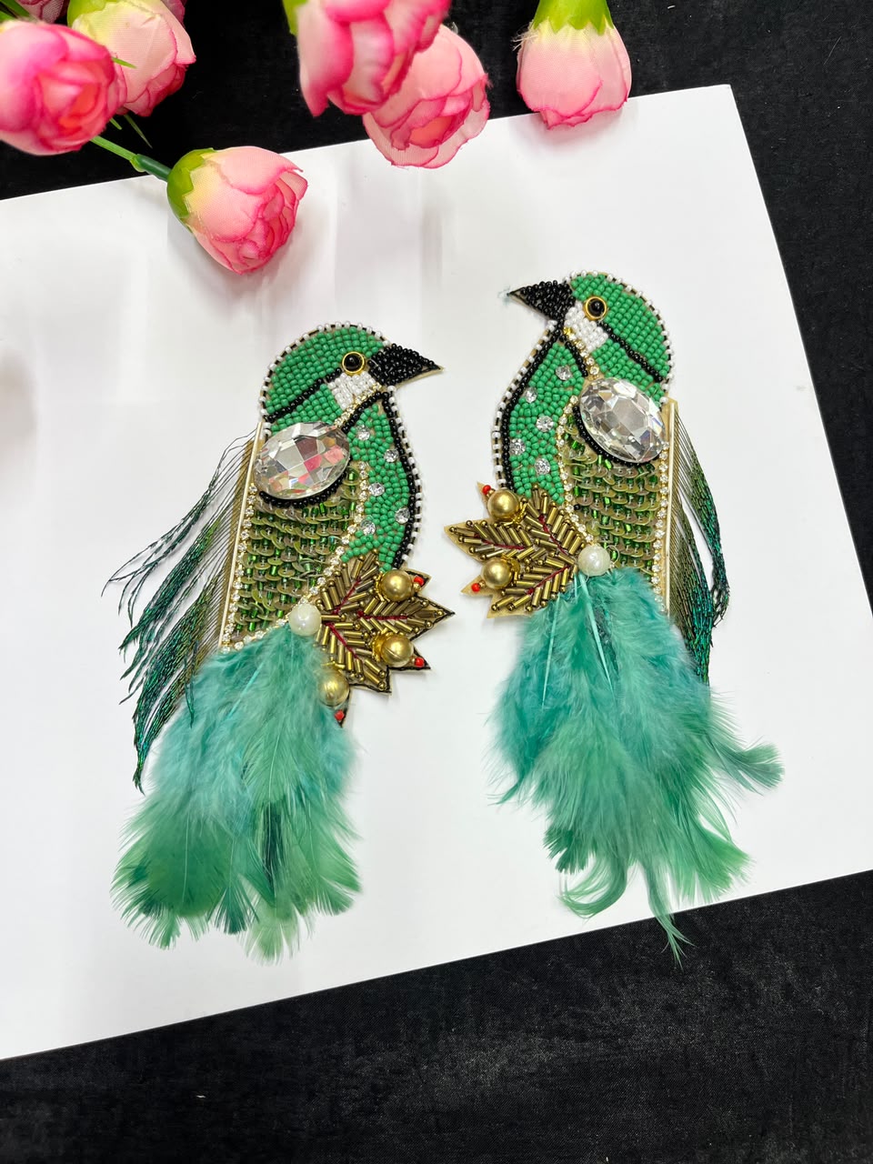 Handcrafted Feather Bird Patches for Sarees, Lehengas, Blouses & Dresses – Designer Bird Applique Set of 2 | DC1045 | Green