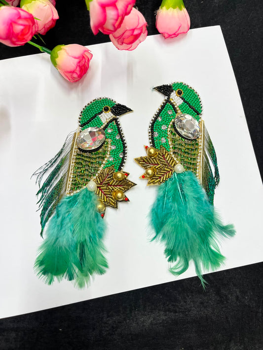 Handcrafted Feather Bird Patches for Sarees, Lehengas, Blouses & Dresses – Designer Bird Applique Set of 2 | DC1045 | Green