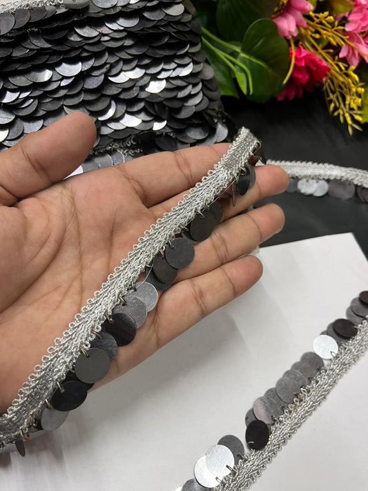 Plastic Coin Lace | Tassel Coin Lace – Trendy Latkan Border for Sarees, Dupattas & Party Wear (9 Meter, 1 Inch Width) | Grey