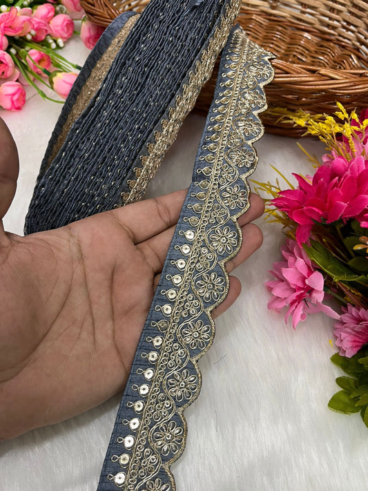 Embroidered Designer Lace – Indian Wedding Trims, Saree Border, 1.5 Inch Wide Lace Reel (9 Mtr) | Grey