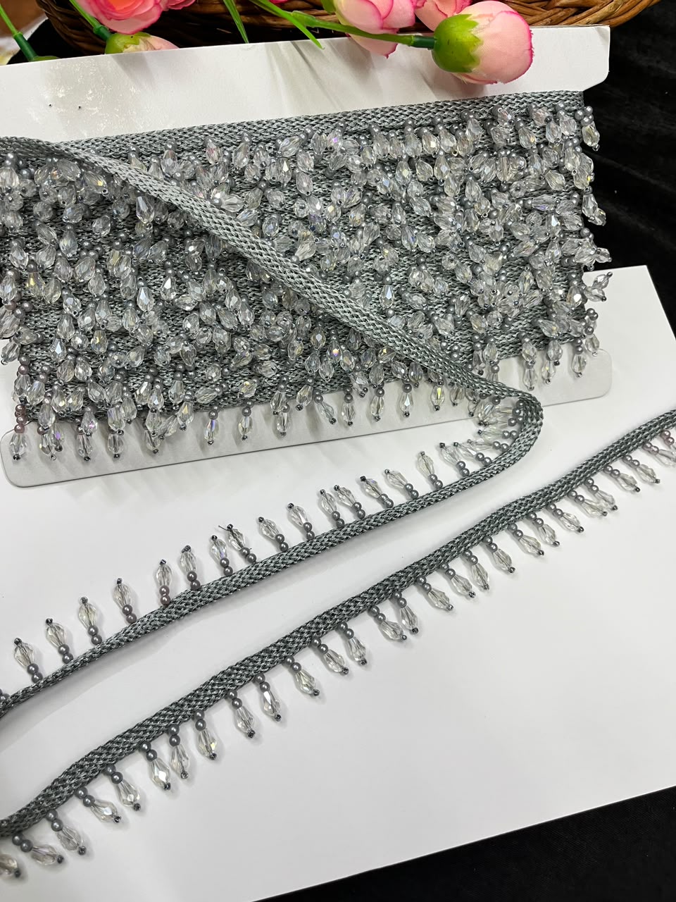 Crystal Drop Latkan Lace for Dupattas, Blouses, Sarees & Lehengas – Designer Hanging Crystal Lace Border (1 Inch) | DC1047 | Grey 1
