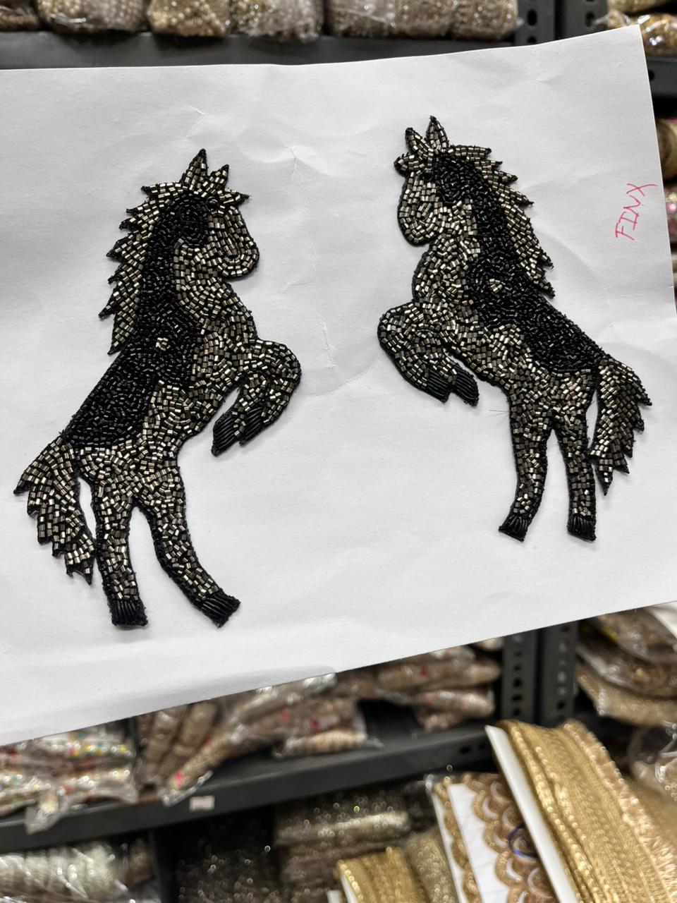 Handcrafted Bead Work Horse Patches (Set of 2 Pieces) – Premium Designer Embellishment | Grey Black