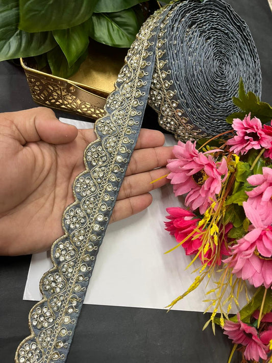 Scalloped Stonework Designer Laces – Elegant Embroidered Border Trim for Sarees, Dupattas & Lehengas (9 Meter, 1.5 Inch Width) | Grey