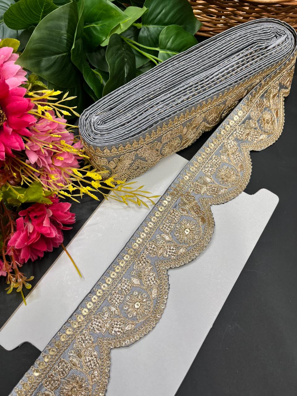 Delicate Scalloped Embroidery Lace for Sarees & Dresses – Designer Embroidered Border for Ethnic & Western Outfits (9 Meter, 2 Inch Width) | Grey