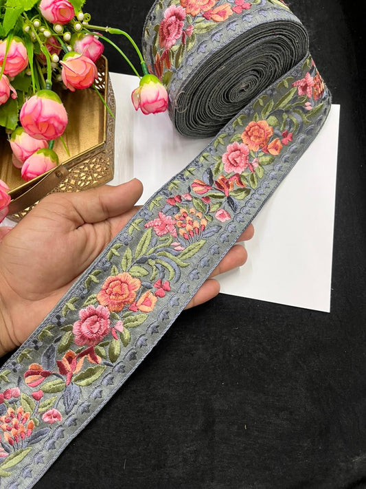 Thread Embroidery Flower Indian Lace Trim for Sarees, Kurtis & Dresses – Designer Floral Embroidered Lace Border (3 Inch) | Grey