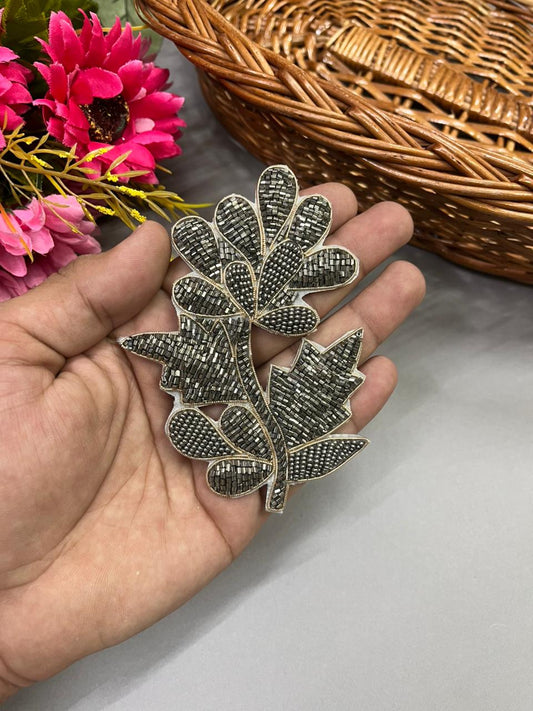 Handcrafted Beaded Patches – Premium Designer Embellished Appliques for Dresses & Ethnic Wear | Grey