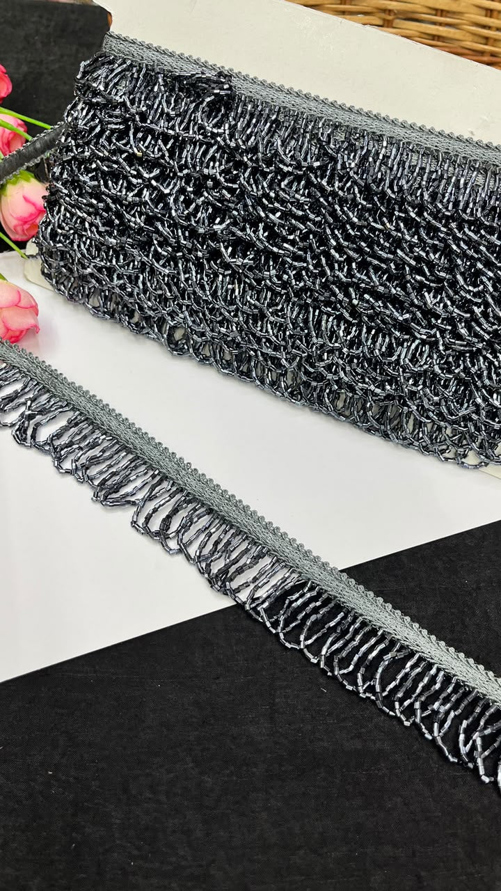 Handmade Cutdana Latkan Lace for Sarees, Lehengas, Dupattas & Blouses – Designer Handcrafted Cutdana Hanging Lace Border (1 Inch) | DC1067 | Grey