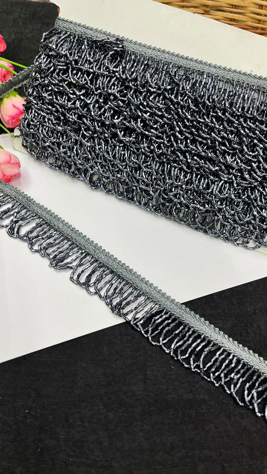 Handmade Cutdana Latkan Lace for Sarees, Lehengas, Dupattas & Blouses – Designer Handcrafted Cutdana Hanging Lace Border (1 Inch) | DC1067 | Grey