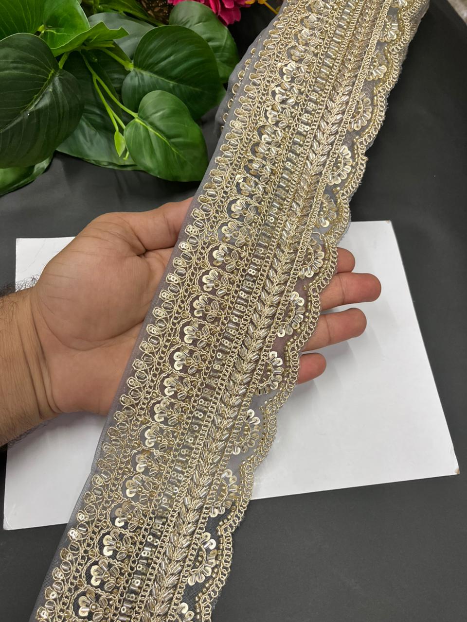 Exclusive Bridal Saree Laces & Borders on Net Fabric – Maggam Work Designer Trim for Sarees, Lehengas & Dupattas (9 Meter, 4 Inch Width) | Grey